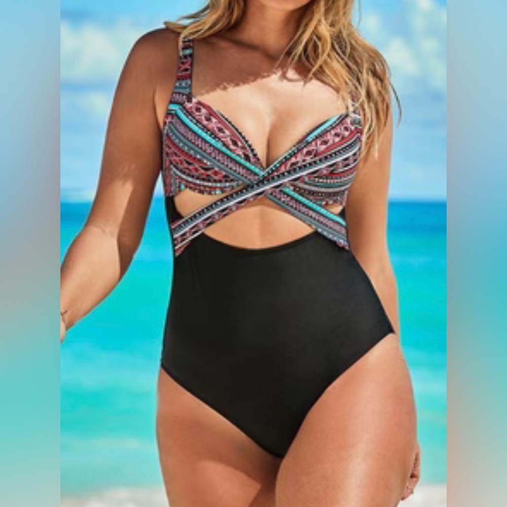 SWIMSUITS FOR ALL‎ Women's Plus Cut Out Underwire One Piece Black Pink Aztec 26